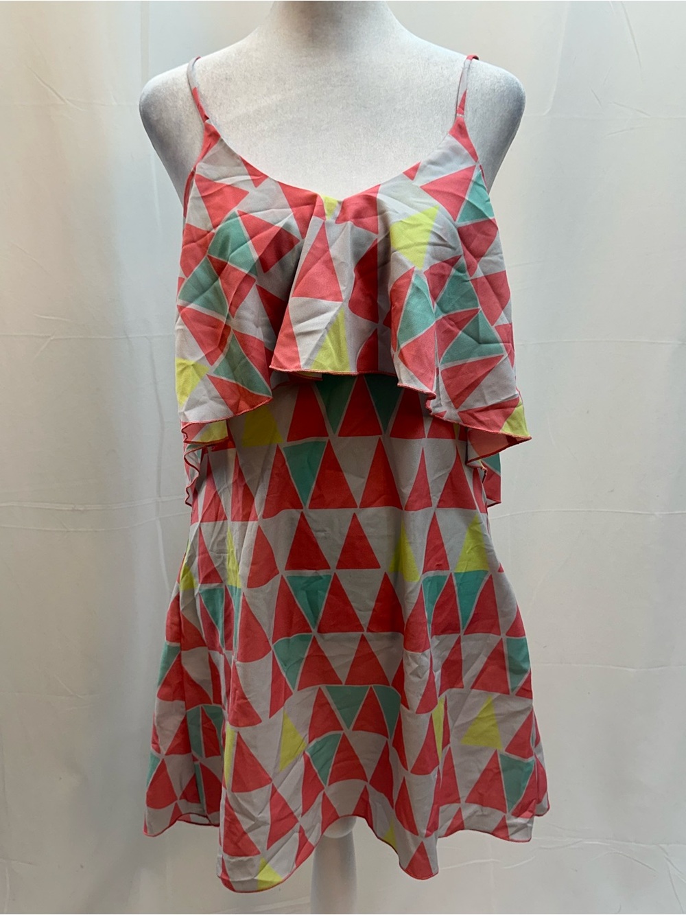 Gold Zebra Sleeveless Ruffle Mini Dress in Coral Triangle Print XS